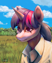 Size: 2355x2820 | Tagged: safe, artist:suhar, twilight sparkle, unicorn, anthro, g4, clothes, cloud, female, field, grass, grass field, high res, horn, nature, shirt, sky, solo, tree, unicorn twilight