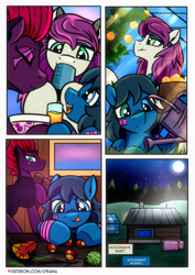 Size: 2480x3508 | Tagged: safe, artist:dsana, fizzlepop berrytwist, tempest shadow, oc, oc:lullaby dusk, oc:thistledown, earth pony, pegasus, pony, unicorn, comic:a storm's lullaby, g4, bandaid, comic, cute, female, filly, foal, high res, male, mare, moon, stars, straight, text box, trio, watering can, weapons-grade cute, wholesome