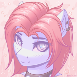 Size: 2000x2000 | Tagged: oc name needed, safe, artist:asetsotory, oc, oc only, pony, abstract, bust, collar, collar ring, cute, ear piercing, female, female oc, gift art, high res, looking at you, mare, piercing, pony oc, portrait, simple background, smiling, solo, spiked collar