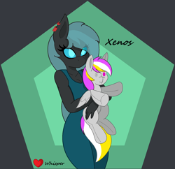 Size: 1602x1552 | Tagged: safe, artist:whisperheart, oc, oc:whisper, oc:xenos, changeling, pony, anthro, clothes, dress, ear piercing, missing horn, no mouth, piercing, plushie, pony plushie, sleeveless, sleeveless dress
