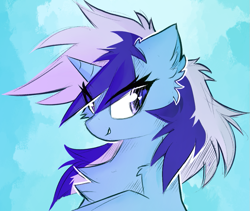 Size: 855x723 | Tagged: safe, artist:kejifox, minuette, pony, unicorn, g4, abstract background, bust, chest fluff, ear fluff, eye clipping through hair, featured image, female, fluffy, heart, heart eyes, horn, mare, solo, wingding eyes