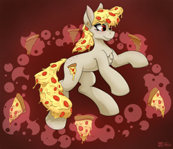 Size: 3030x2616 | Tagged: safe, artist:gantarts, oc, oc only, oc:mozzarella orgy, earth pony, food pony, original species, pizza pony, pony, abstract background, chest fluff, concave belly, female, flying, food, freckles, high res, particles, pizza, ponified, red eyes, smiling, solo