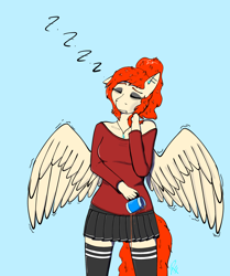 Size: 1880x2250 | Tagged: safe, artist:raw16, oc, oc only, oc:ray muller, pegasus, anthro, blue background, clothes, coffee, coffee mug, ear piercing, eyes closed, eyeshadow, female, makeup, mug, onomatopoeia, piercing, ponytail, shirt, simple background, skirt, sleeping, solo, sound effects, spread wings, stockings, thigh highs, wings, zzz
