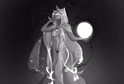 Size: 4000x2706 | Tagged: safe, artist:mistleinn, princess luna, human, anthro, g4, breasts, clothes, female, glowing, glowing eyes, grayscale, hood, humanized, monochrome, orb, panties, robe, simple background, solo, stars, underwear, wip