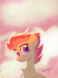 Size: 1080x1440 | Tagged: safe, artist:starfallmoonlight, spitfire, pegasus, pony, g4, bust, chest fluff, cloud, female, looking at you, mare, smiling, solo