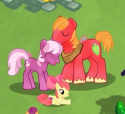 Size: 601x547 | Tagged: safe, gameloft, apple bloom, big macintosh, cheerilee, scootaloo, earth pony, pony, g4, my little pony: magic princess, :d, ^^, eyes closed, female, filly, foal, forehead kiss, game screencap, gameloft shenanigans, grass, grass field, kissing, looking at each other, looking at someone, male, mare, offscreen character, open mouth, open smile, ship:cheerimac, shipping, smiling, smiling at each other, smirk, stallion, straight, trio