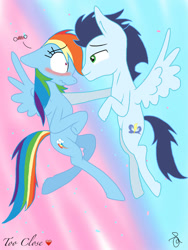 Size: 750x1000 | Tagged: safe, artist:ilaria122, rainbow dash, soarin', pegasus, pony, g4, blushing, female, male, mare, ship:soarindash, shipping, stallion, straight