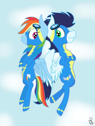 Size: 750x1000 | Tagged: safe, artist:ilaria122, rainbow dash, soarin', pegasus, pony, g4, clothes, female, male, mare, ship:soarindash, shipping, stallion, straight, uniform, wonderbolts, wonderbolts uniform