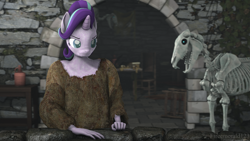 Size: 3840x2160 | Tagged: safe, artist:fireemerald123, starlight glimmer, wendigo, anthro, g4, 3d, archway, bone, book, candle, chair, clothes, high res, jug, skeleton, source filmmaker, stone wall, sæla, table, torn banner, vine, watermark