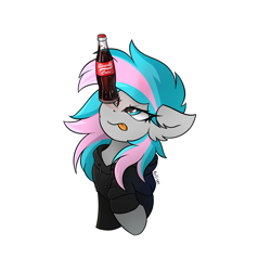 Size: 1900x2000 | Tagged: safe, artist:rejiser, oc, oc only, pony, fallout equestria, balancing, ears back, female, halfbody, looking up, ponies balancing stuff on their nose, raised hoof, simple background, solo, sparkle cola, sweatshirt, tongue out, white background