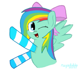 Size: 917x807 | Tagged: safe, artist:nuyadable, oc, oc only, oc:emeraldbow, pegasus, pony, blue coat, blue fur, blue hair, bow, clothes, cute, female, filly, foal, hair bow, hooves in air, looking at you, mare, multicolored hair, ocbetes, one eye closed, open mouth, open smile, outstretched arms, outstretched hoof, pegasus oc, pink bow, pink eyes, rainbow hair, simple background, smiling, smiling at you, socks, solo, spread wings, striped socks, white background, wings, wink