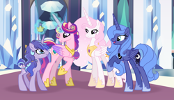 Size: 2929x1685 | Tagged: safe, artist:xxcheerupxxx, princess cadance, princess celestia, princess luna, oc, oc:amore, pony, unicorn, g4, concave belly, crown, female, hoof shoes, jewelry, long legs, magic, mare, offspring, older, older princess cadance, parent:princess cadance, parent:shining armor, parents:shiningcadance, peytral, pink-mane celestia, princess shoes, regalia, s1 luna, slender, tall, thin