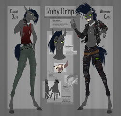 Size: 3175x3050 | Tagged: safe, artist:dementra369, oc, oc only, oc:ruby drop, anthro, unguligrade anthro, belly button, bracelet, chains, clothes, collar, ear piercing, edgy, facial scar, fangs, female, high res, jewelry, necklace, piercing, reference sheet, ring, scar, solo, spiked collar, spiked wristband, tongue piercing, torn clothes, wristband
