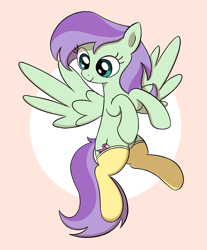 Size: 1346x1624 | Tagged: safe, artist:algoatall, violet twirl, pegasus, pony, g4, clothes, female, flying, friendship student, mare, pink background, simple background, smiling, socks, solo, spread wings, wings