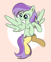 Size: 1346x1624 | Tagged: safe, artist:algoatall, violet twirl, pegasus, pony, g4, clothes, female, flying, friendship student, mare, pink background, rare mare, simple background, smiling, socks, solo, spread wings, wings