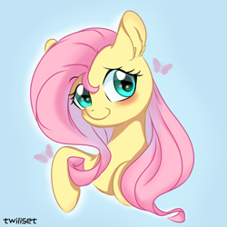 Size: 1080x1080 | Tagged: safe, artist:twiliset, fluttershy, butterfly, pegasus, pony, g4, blushing, cute, daaaaaaaaaaaw, female, happy, heart, heart eyes, looking at you, mare, shy, shyabetes, simple background, smiling, smiling at you, solo, wingding eyes