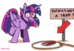 Size: 2048x1423 | Tagged: safe, artist:lrusu, twilight sparkle, alicorn, pony, g4, blatant lies, book, bookhorse, chest fluff, cute, eyes on the prize, it's a trap, open mouth, open smile, rope, schmuck bait, sign, smiling, solo, starry eyes, suspiciously specific denial, that pony sure does love books, trap (device), twiabetes, twilight sparkle (alicorn), wingding eyes