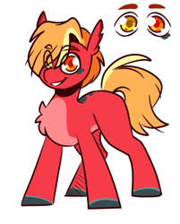 Size: 801x998 | Tagged: safe, artist:lrusu, oc, oc only, earth pony, pony, body markings, chest fluff, colored eartips, colored hooves, concave belly, ear fluff, facial markings, grin, heterochromia, looking at you, orange eyes, pale belly, simple background, smiling, solo, standing, white background, yellow eyes