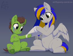 Size: 1293x1000 | Tagged: safe, artist:airfly-pony, oc, oc only, oc:eagle fly, pegasus, pony, unicorn, 2021, belly, belly button, bruised, duo, female, filly, injured, mare, nurse, patreon, patreon reward, sitting, teary eyes, underhoof, wings