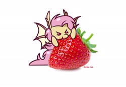 Size: 2048x1423 | Tagged: safe, artist:lrusu, fluttershy, bat pony, pony, g4, bat ponified, flutterbat, food, herbivore, race swap, simple background, solo, strawberry, white background