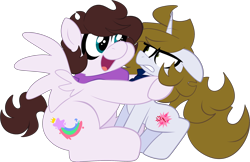 Size: 2684x1739 | Tagged: safe, artist:saveraedae, oc, oc only, oc:benjamane hoofington, oc:markey malarkey, pegasus, pony, unicorn, annoyed, bandana, crossover, hug, male, simple background, smiling, solo, the mark side, transparent background