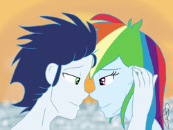 Size: 749x562 | Tagged: safe, artist:ilaria122, rainbow dash, soarin', human, equestria girls, g4, female, looking at each other, looking at someone, male, ship:soarindash, shipping, smiling, smiling at each other, straight