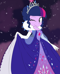 Size: 2002x2464 | Tagged: safe, artist:lirudraw, twilight sparkle, human, equestria girls, g4, clothes, crown, curtsey, cute, cutie mark on clothes, dress, evening gloves, eyebrows, female, gloves, gown, high res, jewelry, long gloves, looking at you, one eye closed, petticoat, princess, princess costume, regalia, simple background, smiling, solo, starry night, twiabetes, wink