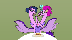 Size: 1920x1080 | Tagged: safe, artist:platinumdrop, queen novo, twilight sparkle, alicorn, dragon, pony, g4, my little pony: the movie, commission, conjoined, conjoined twins, eating, food, fusion, multiple heads, pasta, queen novo's orb, spaghetti, twilight sparkle (alicorn), two heads, two-headed dragon, we have become one