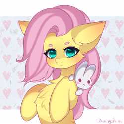 Size: 3000x3000 | Tagged: safe, artist:monstrum, angel bunny, fluttershy, pegasus, pony, rabbit, g4, animal, blushing, chest fluff, cute, female, floppy ears, high res, looking at you, mare, shyabetes, solo