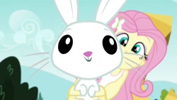 Size: 1000x563 | Tagged: safe, screencap, angel bunny, fluttershy, human, rabbit, equestria girls, g4, my little pony equestria girls: friendship games, animal