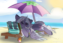 Size: 1280x885 | Tagged: safe, artist:umbreow, oc, oc:exquisite star, alicorn, pony, beach, beach umbrella, female, mare, solo