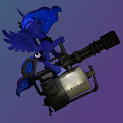 Size: 2000x2000 | Tagged: safe, artist:xafilah, princess luna, alicorn, pony, g4, 3d, abstract background, gradient background, high res, minigun, pinup, solo, team fortress 2