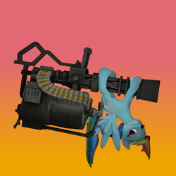 Size: 2000x2000 | Tagged: safe, artist:xafilah, rainbow dash, pegasus, pony, g4, 3d, abstract background, gradient background, high res, minigun, natascha, pinup, solo, team fortress 2