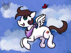 Size: 1600x1200 | Tagged: safe, artist:sparrow_chime, oc, oc only, oc:markey malarkey, butterfly, pegasus, pony, bandana, crossover, flying, sky, smiling, solo, the mark side, wrong cutie mark