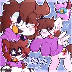 Size: 936x936 | Tagged: safe, artist:lyladestructs, oc, oc:markey malarkey, dog, human, pegasus, pony, anthro, among us, anthro with ponies, bandana, clothes, crossover, hoodie, male, mark reed, ponified, starry eyes, the mark side, wingding eyes, wrong cutie mark