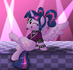 Size: 1600x1524 | Tagged: safe, artist:aleximusprime, gameloft, twilight sparkle, alicorn, pony, g4, my little pony: magic princess, backwards cutie mark, checkered floor, choker, crossed legs, cute, female, gameloft interpretation, looking at you, mare, one eye closed, open mouth, pigtails, rockstar sparkle, sitting, smiling, solo, spiked wristband, spotlight, spread wings, twiabetes, twilight sparkle (alicorn), twintails, wings, wink, winking at you, wristband