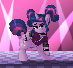 Size: 1600x1489 | Tagged: safe, artist:aleximusprime, gameloft, twilight sparkle, alicorn, pony, g4, my little pony: magic princess, adorasexy, backwards cutie mark, bipedal, checkered floor, choker, cute, eyebrows, female, gameloft interpretation, hoof on hip, looking at you, mare, pigtails, raised eyebrow, rockstar sparkle, sassy, sexy, smiling, solo, spiked wristband, spotlight, twiabetes, twilight sparkle (alicorn), twintails, wristband