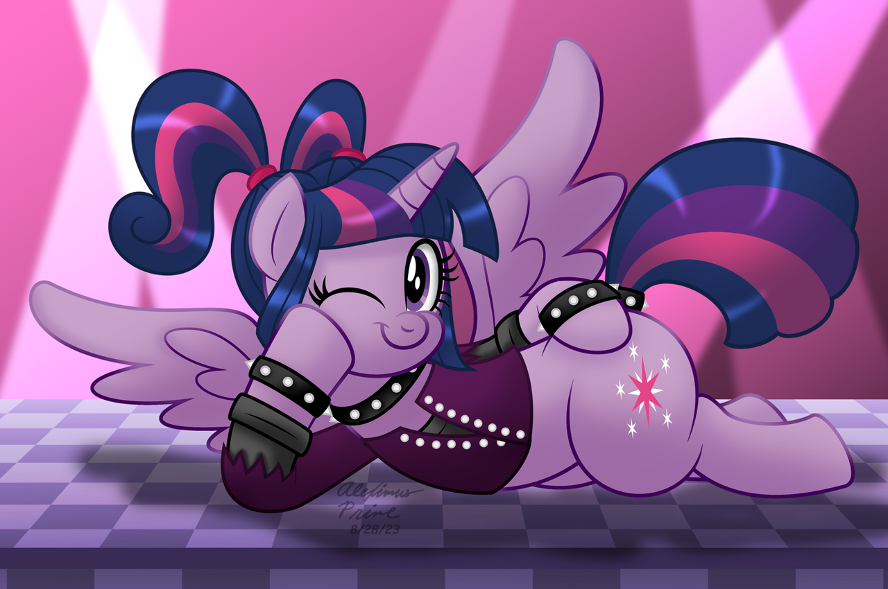 [alicorn,artist:aleximusprime,choker,cute,draw me like one of your french girls,female,gameloft,looking at you,mare,pigtails,pony,safe,solo,spotlight,twilight sparkle,twintails,wings,wink,lying down,one eye closed,twiabetes,smiling,spread wings,wristband,spiked wristband,twilight sparkle (alicorn),checkered floor,gameloft interpretation,winking at you,rockstar sparkle]