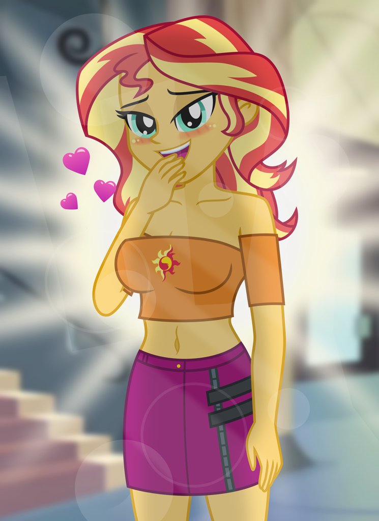[beautiful,belly button,blushing,breasts,cute,equestria girls,female,heart,looking at you,safe,sunset shimmer,shimmerbetes,stupid sexy sunset shimmer,artist:emeraldblast63,busty sunset shimmer]