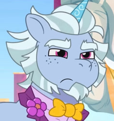 Size: 1791x1894 | Tagged: safe, screencap, alphabittle blossomforth, pony, unicorn, g5, mare family mare problems, my little pony: tell your tale, spoiler:g5, spoiler:my little pony: tell your tale, spoiler:tyts01e51, alphabittle blossomforth is not amused, alphabittle is best facemaker, bowtie, clothes, cropped, cute, flower, freckles, frown, male, reaction image, solo, stallion, suit, suspicious, tuxedo, unamused