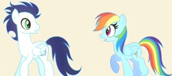 Size: 1272x565 | Tagged: safe, artist:kimmy art, rainbow dash, soarin', pegasus, pony, g4, female, looking at each other, looking at someone, male, mare, ship:soarindash, shipping, stallion, straight, youtube link