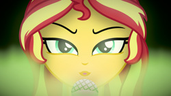 Size: 3840x2160 | Tagged: safe, artist:starless, derpibooru exclusive, sunset shimmer, human, equestria girls, g4, female, green smoke, high res, looking at you, microphone, singing, solo