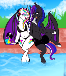 Size: 1700x1969 | Tagged: safe, artist:liechisenshi, oc, oc only, oc:midnight aurora, oc:printer jam, bat pony, pony, unicorn, semi-anthro, arm hooves, belly button, bikini, black bikini, black swimsuit, both cutie marks, clothes, couple, cutie mark on anthro, fangs, female, looking at each other, looking at someone, male, sitting, straight, swimming pool, swimsuit