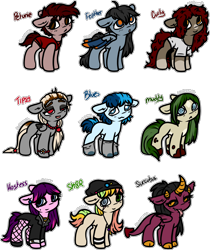 Size: 1964x2340 | Tagged: safe, artist:sexygoatgod, oc, oc only, demon, earth pony, pegasus, pony, succubus, adoptable, chibi, female, group, simple background, transparent background