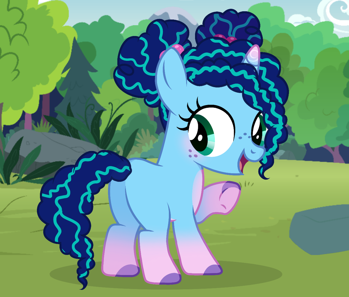 [blank flank,butt,cute,female,filly,foal,freckles,g4,g5,generation leap,happy,open mouth,plot,pony,raised hoof,safe,solo,tree,unicorn,younger,underhoof,smiling,open smile,spoiler:g5,g5 to g4,mistybetes,afro puffs,artist:cstrawberrymilk,my little pony: make your mark,misty brightdawn,filly misty brightdawn,spoiler:my little pony: make your mark chapter 5,my little pony: make your mark chapter 5]