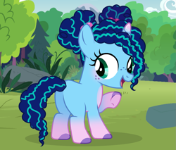 Size: 1267x1080 | Tagged: safe, artist:cstrawberrymilk, misty brightdawn, pony, unicorn, g4, g5, my little pony: make your mark, my little pony: make your mark chapter 5, spoiler:g5, spoiler:my little pony: make your mark chapter 5, afro puffs, blank flank, butt, cute, female, filly, filly misty brightdawn, foal, freckles, g5 to g4, generation leap, happy, mistybetes, mistybutt, open mouth, open smile, plot, raised hoof, smiling, solo, tree, underhoof, younger