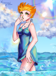 Size: 4050x5500 | Tagged: safe, artist:kirrrai, spitfire, human, g4, beach, choker, clothes, cloud, commission, dress, ear piercing, earring, female, humanized, jewelry, nail polish, necklace, ocean, open mouth, piercing, solo, summer, sundress, water, wet, ych result