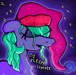 Size: 3696x3632 | Tagged: safe, artist:djsleepyhooves, oc, oc only, oc:djsleepyhooves, earth pony, pony, cel shading, digital art, ears back, earth pony oc, eyes closed, female, gradient background, hair over eyes, hat, high res, ms paint, nightcap, shading, sleeping, solo, text