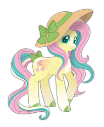 Size: 1299x1579 | Tagged: safe, artist:sleepykoinu, fluttershy, pegasus, pony, g4, alternate design, bow, choker, clothes, folded wings, hat, hooves, raised hoof, redesign, simple background, smiling, solo, transparent background, wings