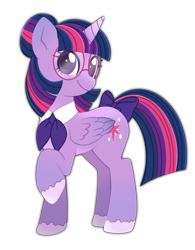 Size: 1039x1330 | Tagged: safe, artist:sleepykoinu, twilight sparkle, alicorn, pony, g4, alternate design, alternate hairstyle, bow, folded wings, glasses, hooves, necktie, raised hoof, redesign, simple background, solo, tail, tail bow, transparent background, turned head, twilight sparkle (alicorn), wings